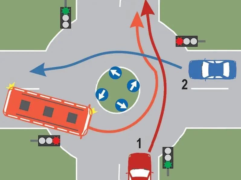 Conducatorul autobuzului din imaginea alaturata este surprins de schimbarea semnalului semaforului, dupa ce a patruns in intersectie. Ce trebuie sa faca in acest caz?
